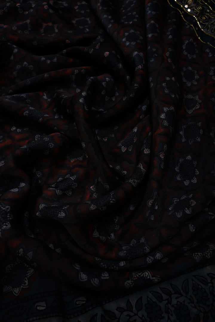 Brown-Blue Modal Silk Saree with Floral Hand Block Print and Sequins, Cutdana and Mirror Hand Embroidery | SHOBITAM