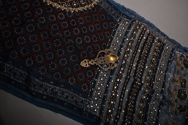 Brown-Blue Modal Silk Saree with Floral Hand Block Print and Sequins, Cutdana and Mirror Hand Embroidery | SHOBITAM