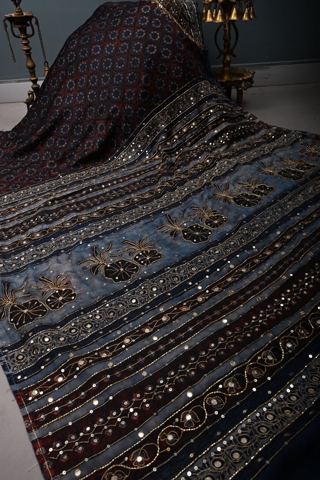 Brown-Blue Modal Silk Saree with Floral Hand Block Print and Sequins, Cutdana and Mirror Hand Embroidery | SHOBITAM