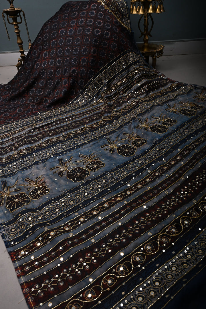 Brown-Blue Modal Silk Saree with Floral Hand Block Print and Sequins, Cutdana and Mirror Hand Embroidery | SHOBITAM