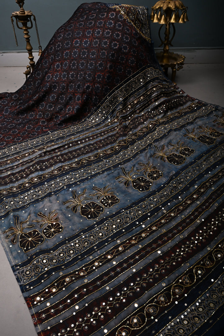 Brown-Blue Modal Silk Saree with Floral Hand Block Print and Sequins, Cutdana and Mirror Hand Embroidery | SHOBITAM