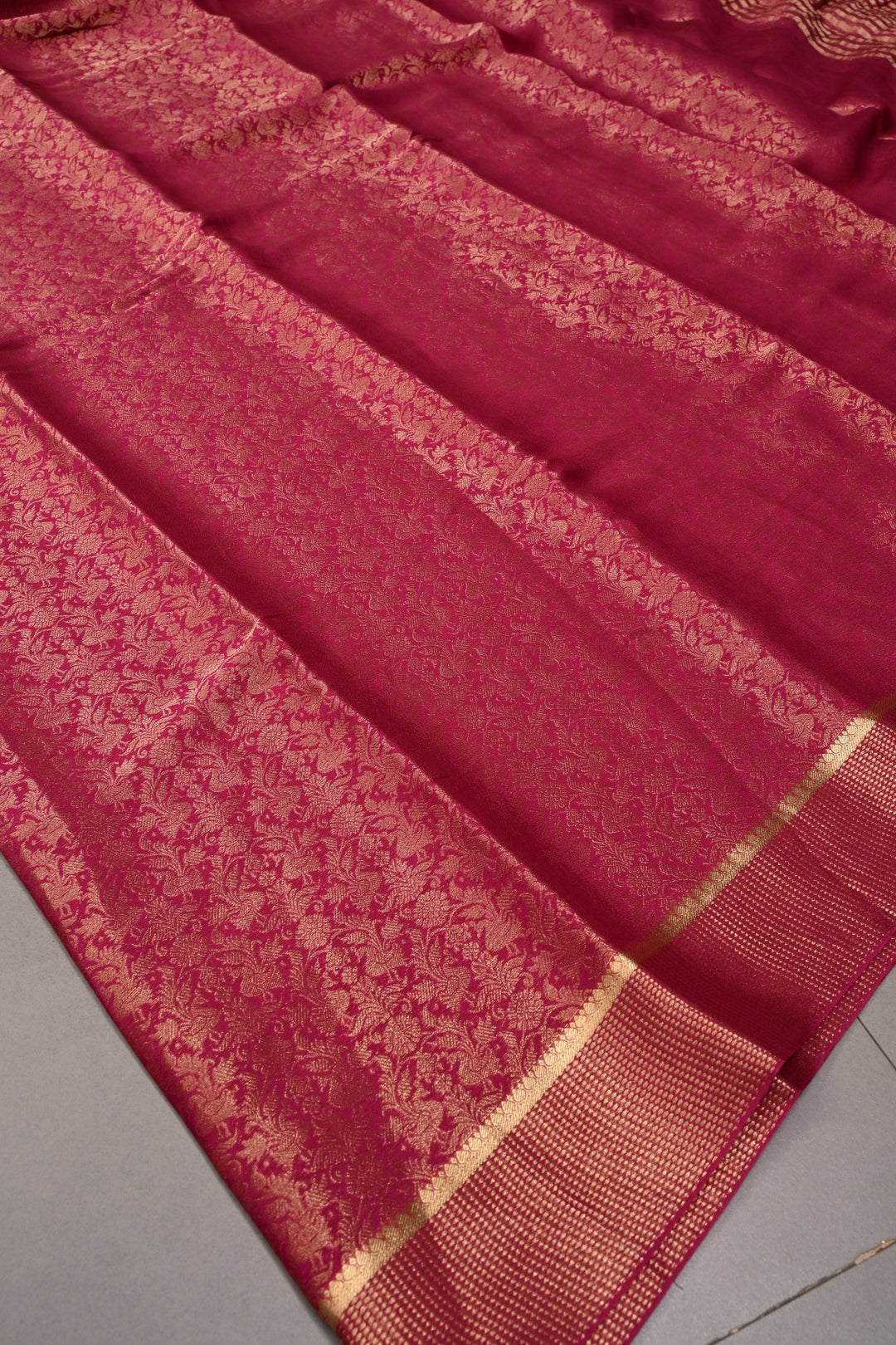 Rani Pink Mysore Silk Saree with Floral Zari Brocade and Zari Border | SILK MARK CERTIFIED | SHOBITAM
