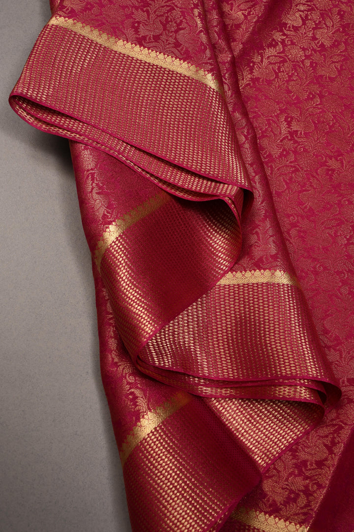Rani Pink Mysore Silk Saree with Floral Zari Brocade and Zari Border | SILK MARK CERTIFIED | SHOBITAM