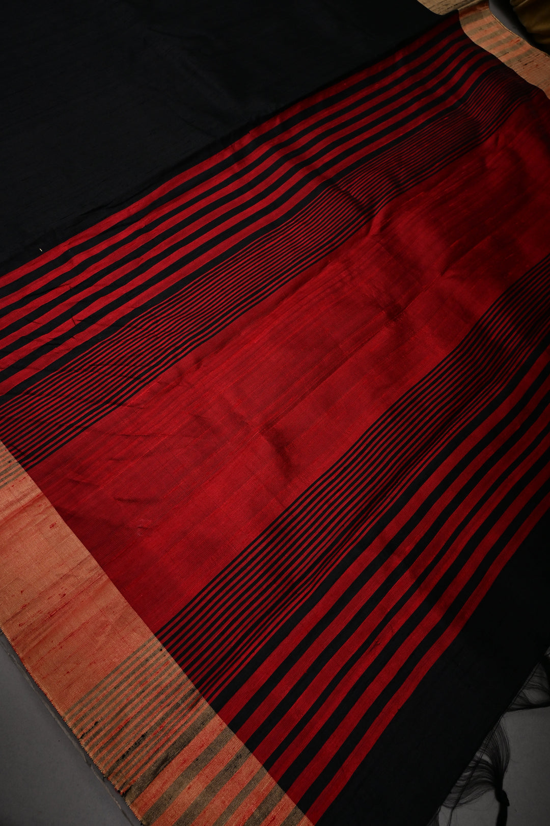 Black Pure Raw Silk Saree with Kemp Handwork Mandala Design and Tissue Zari Border | SILK MARK CERTIFIED