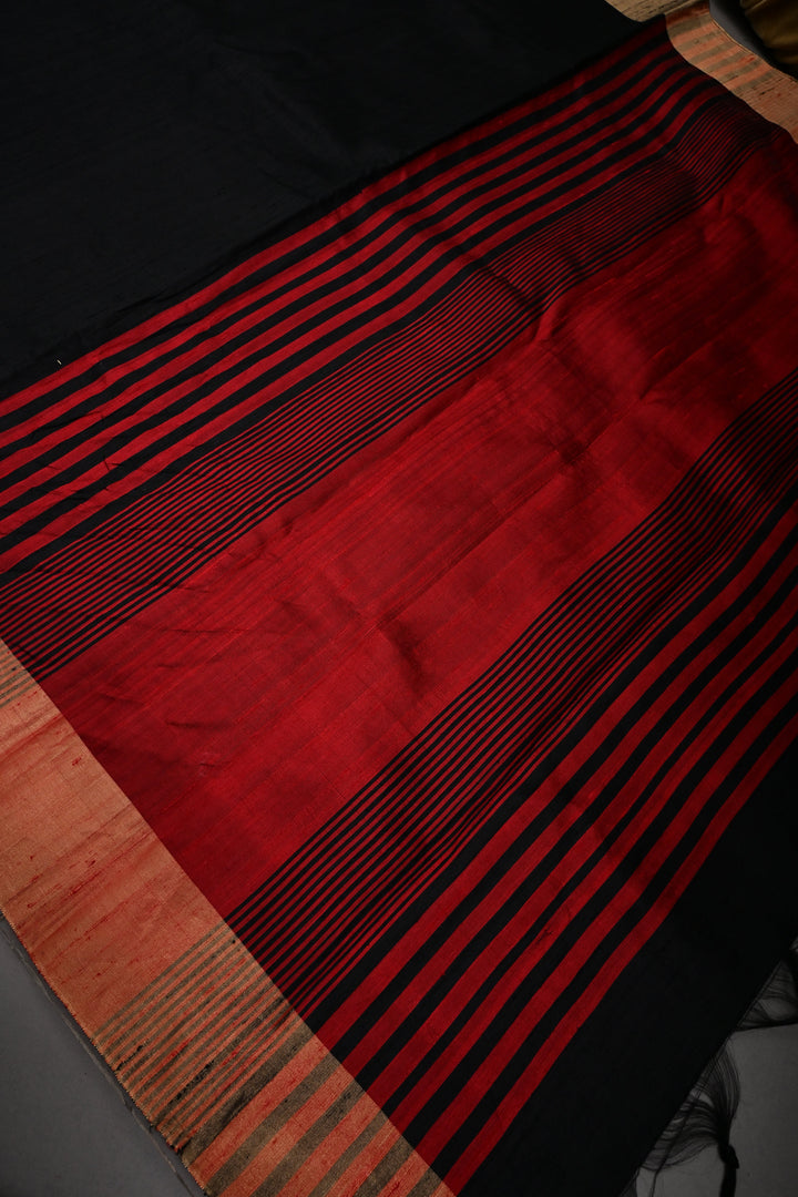 Black Pure Raw Silk Saree with Kemp Handwork Mandala Design and Tissue Zari Border | SILK MARK CERTIFIED