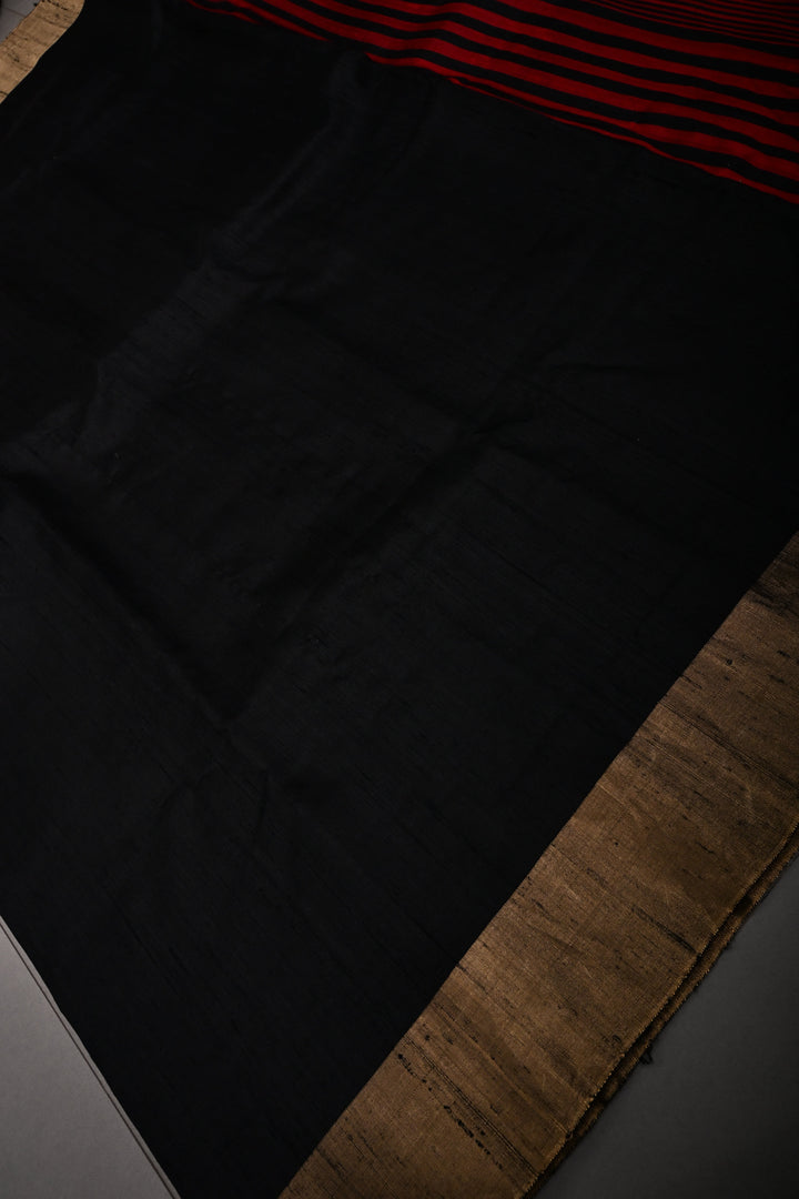 Black Pure Raw Silk Saree with Kemp Handwork Mandala Design and Tissue Zari Border | SILK MARK CERTIFIED