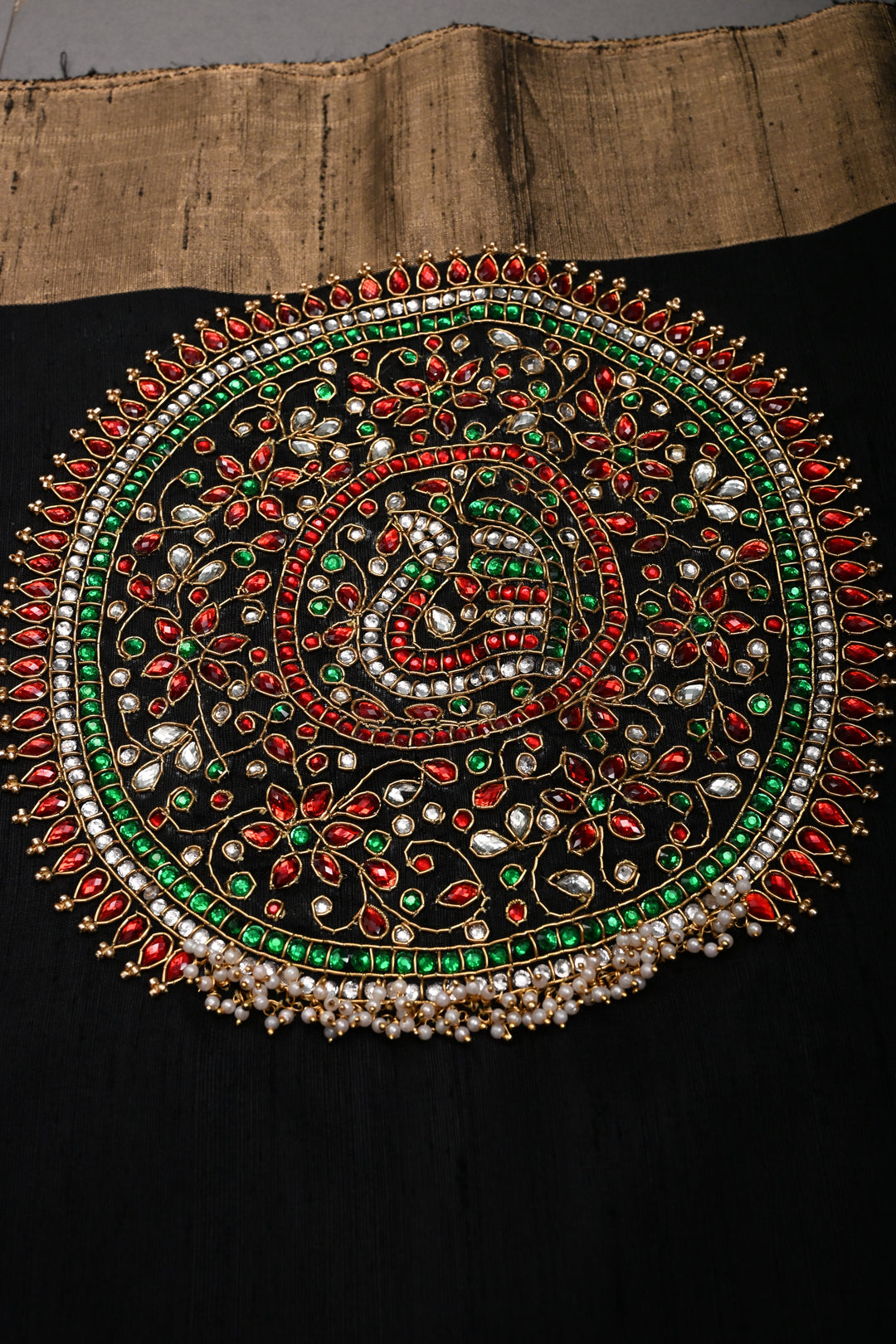 Black Pure Raw Silk Saree with Kemp Handwork Mandala Design and Tissue Zari Border | SILK MARK CERTIFIED