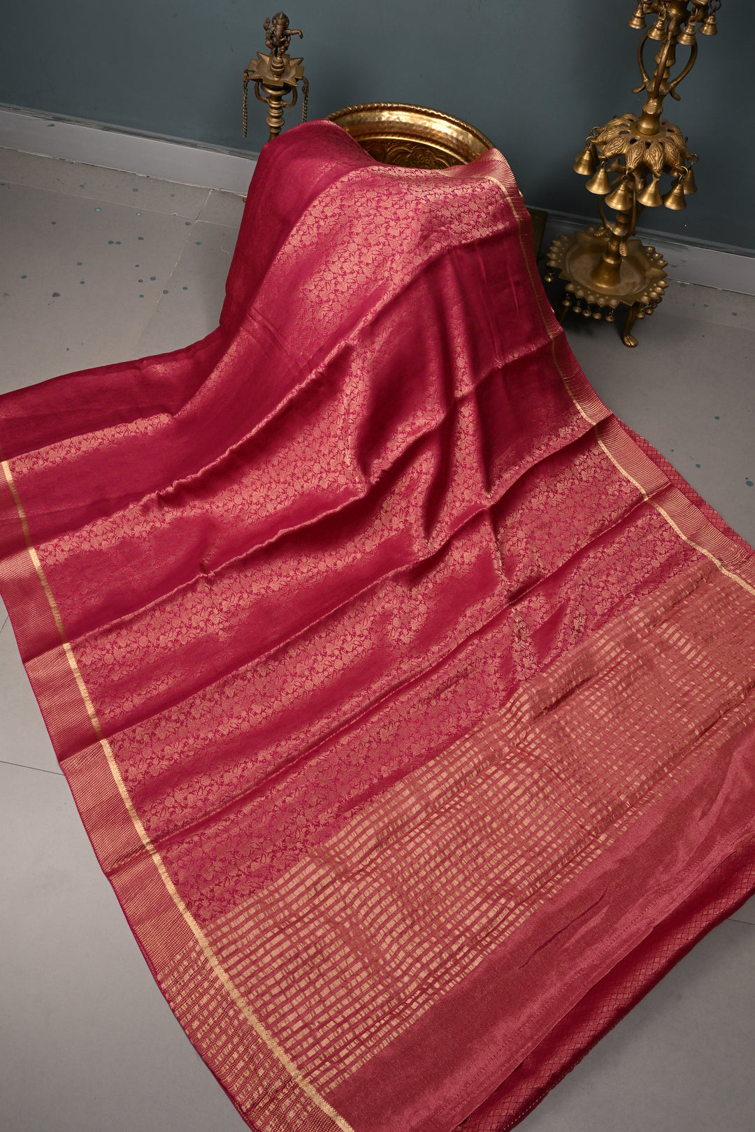 Rani Pink Mysore Silk Saree with Floral Zari Brocade and Zari Border | SILK MARK CERTIFIED | SHOBITAM