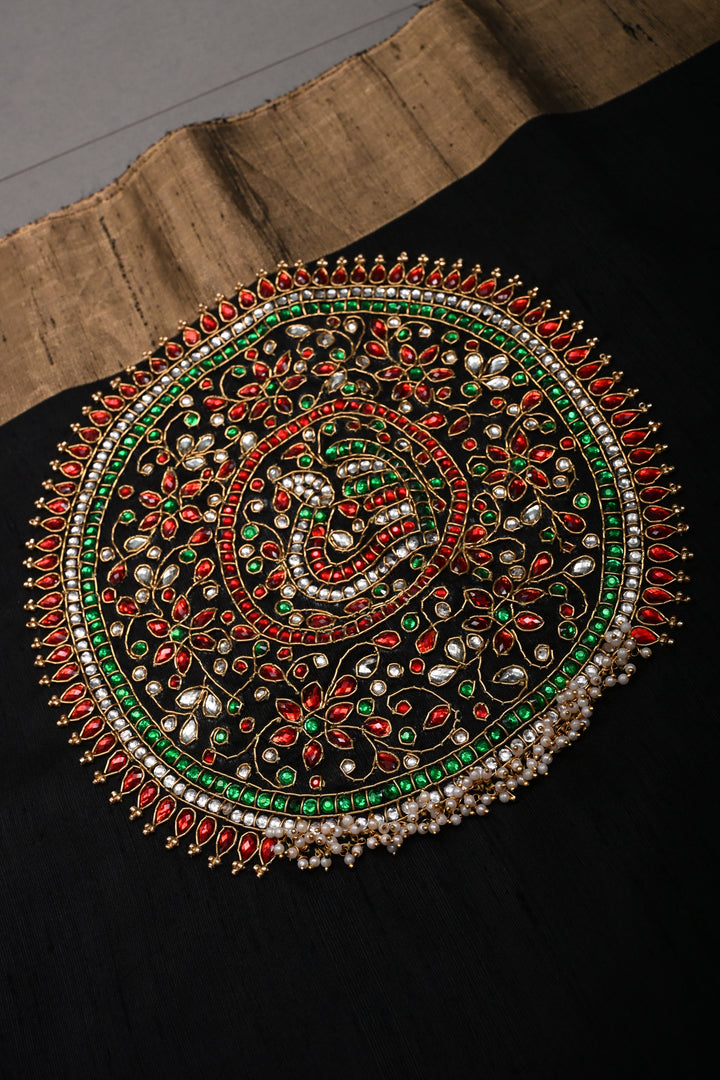 Black Pure Raw Silk Saree with Kemp Handwork Mandala Design and Tissue Zari Border | SILK MARK CERTIFIED