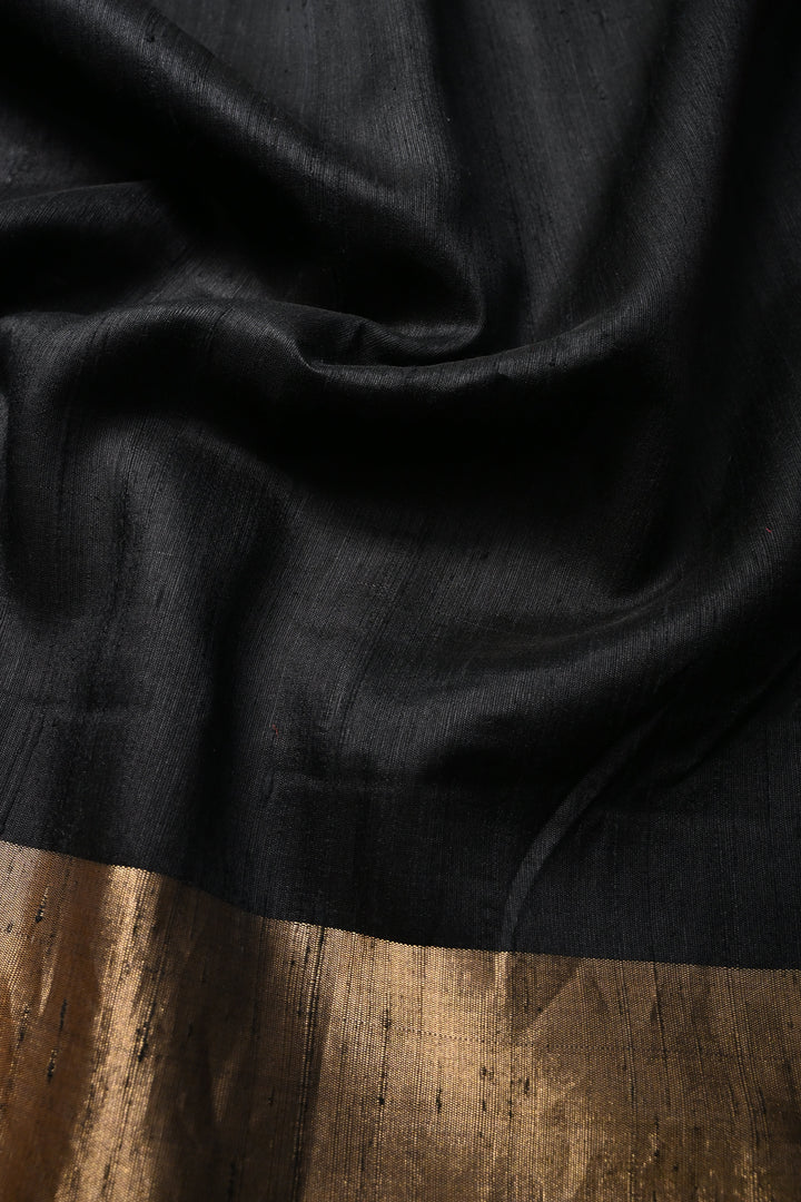 Black Pure Raw Silk Saree with Kemp Handwork Mandala Design and Tissue Zari Border | SILK MARK CERTIFIED
