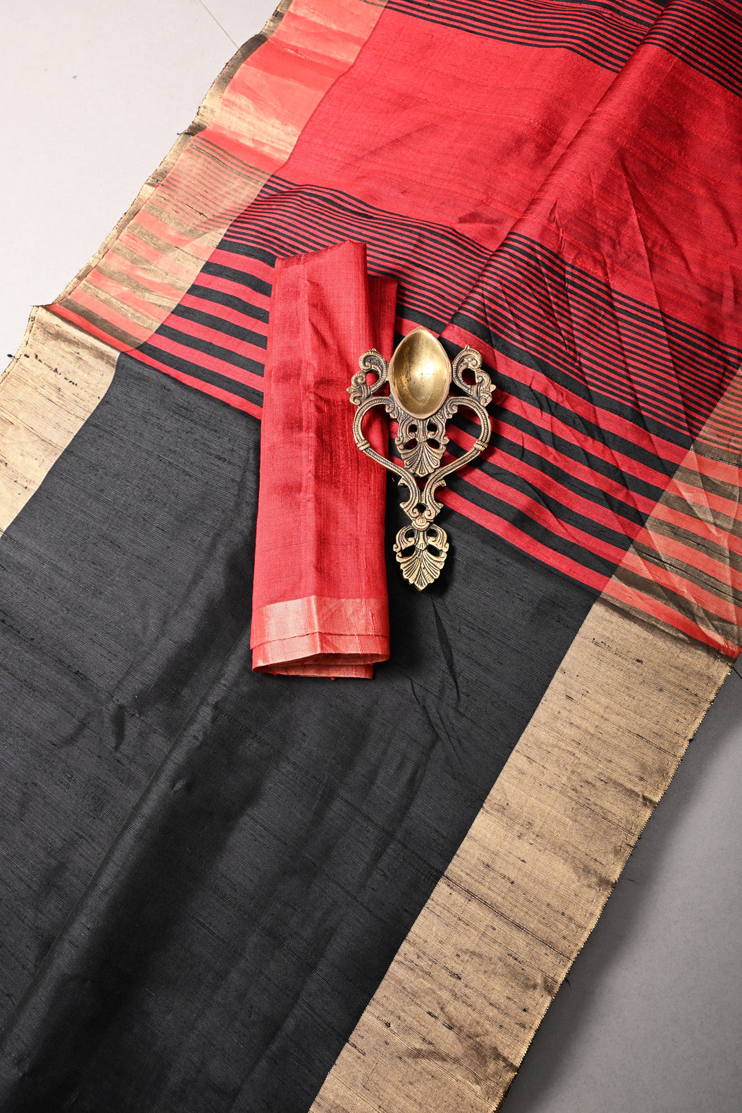Black Pure Raw Silk Saree with Kemp Handwork Mandala Design and Tissue Zari Border | SILK MARK CERTIFIED
