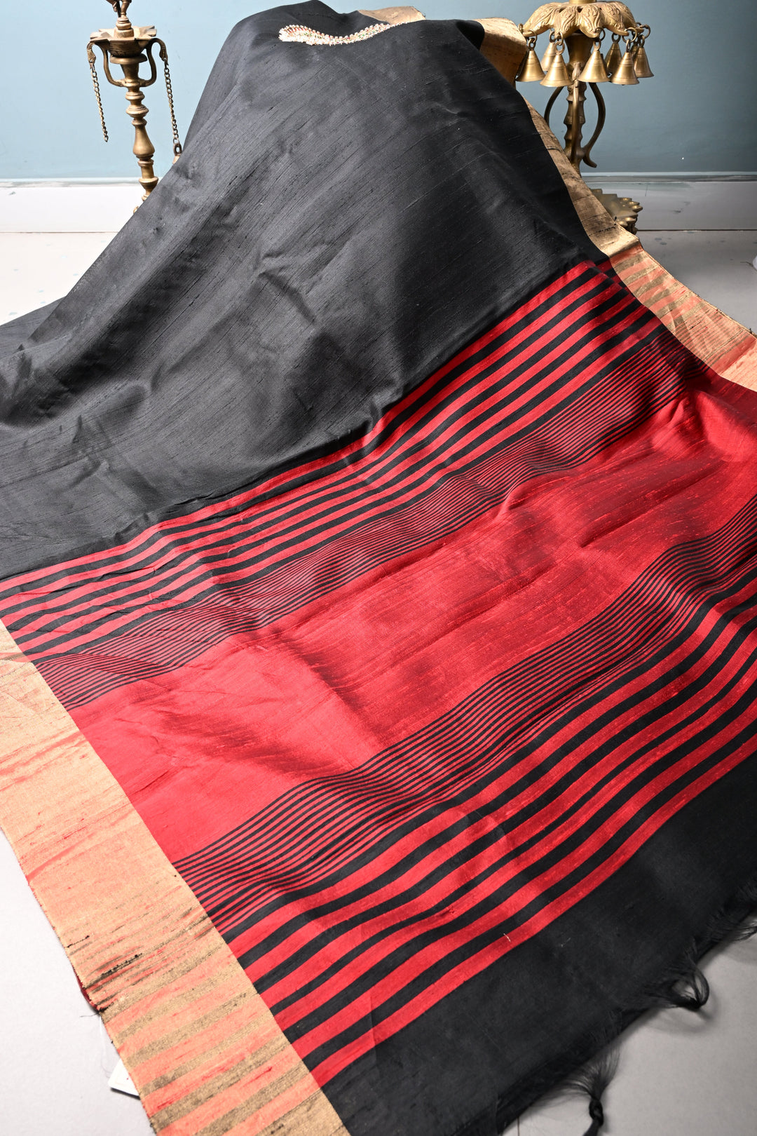 Black Pure Raw Silk Saree with Kemp Handwork Mandala Design and Tissue Zari Border | SILK MARK CERTIFIED