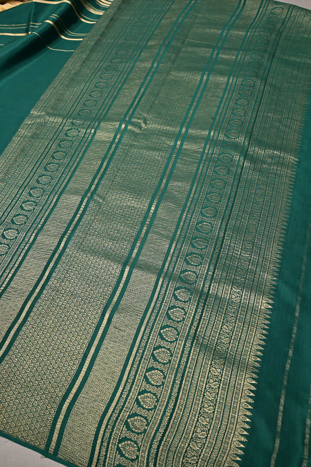 Bottle Green Mysore Silk Saree with Horizontal Stripes Zari Border | SILK MARK CERTIFIED | SHOBITAM