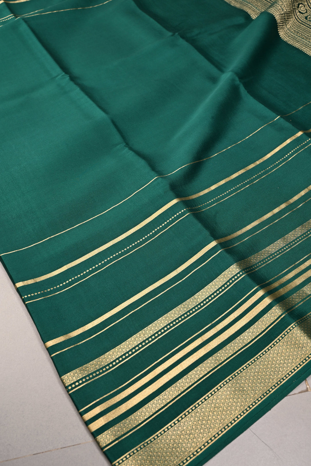 Bottle Green Mysore Silk Saree with Horizontal Stripes Zari Border | SILK MARK CERTIFIED | SHOBITAM