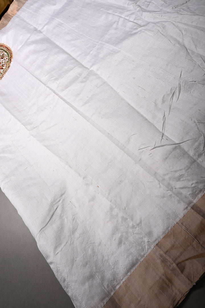 White Pure Raw Silk Saree with Kemp Handwork Mandala Design and Tissue Zari Border | SILK MARK CERTIFIED