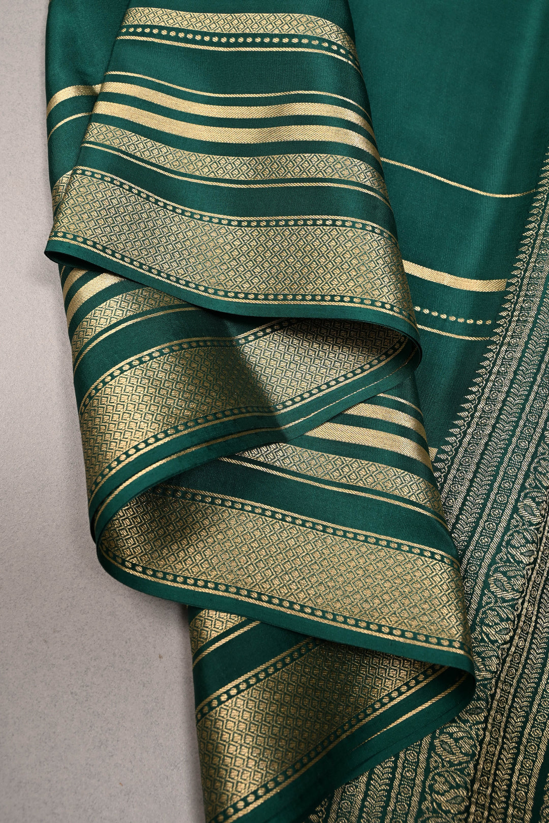 Bottle Green Mysore Silk Saree with Horizontal Stripes Zari Border | SILK MARK CERTIFIED | SHOBITAM