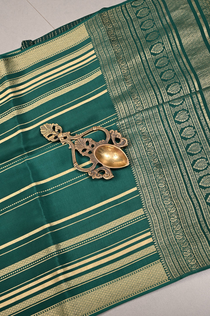 Bottle Green Mysore Silk Saree with Horizontal Stripes Zari Border | SILK MARK CERTIFIED | SHOBITAM