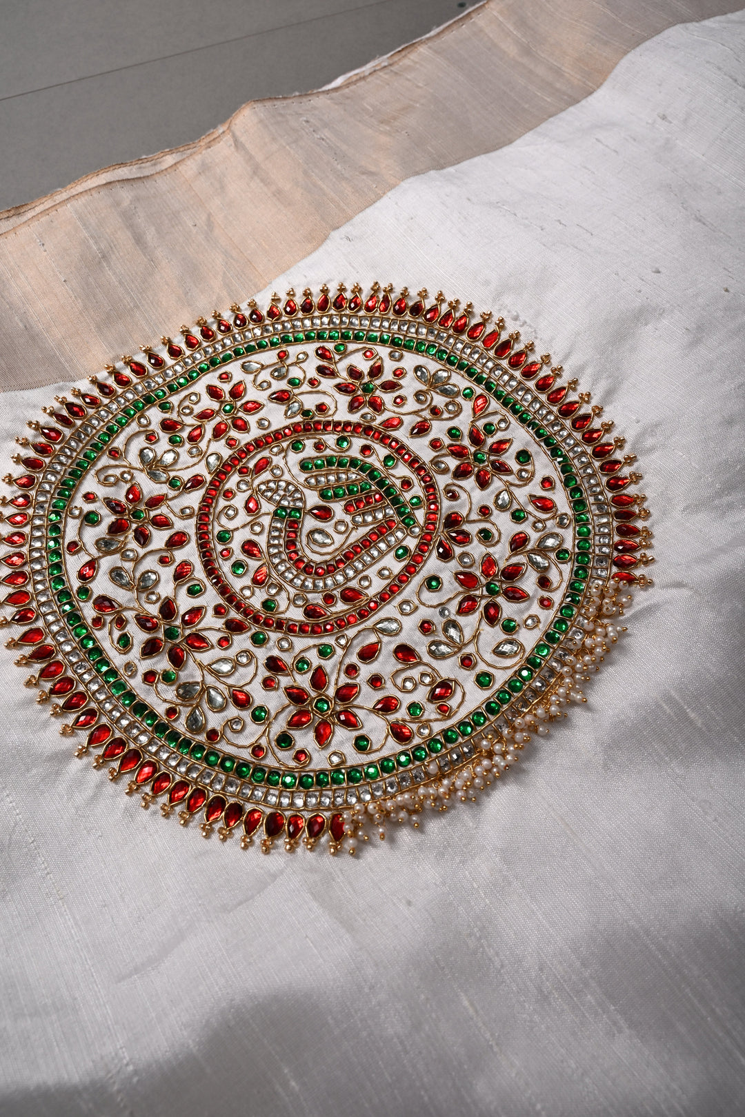 White Pure Raw Silk Saree with Kemp Handwork Mandala Design and Tissue Zari Border | SILK MARK CERTIFIED