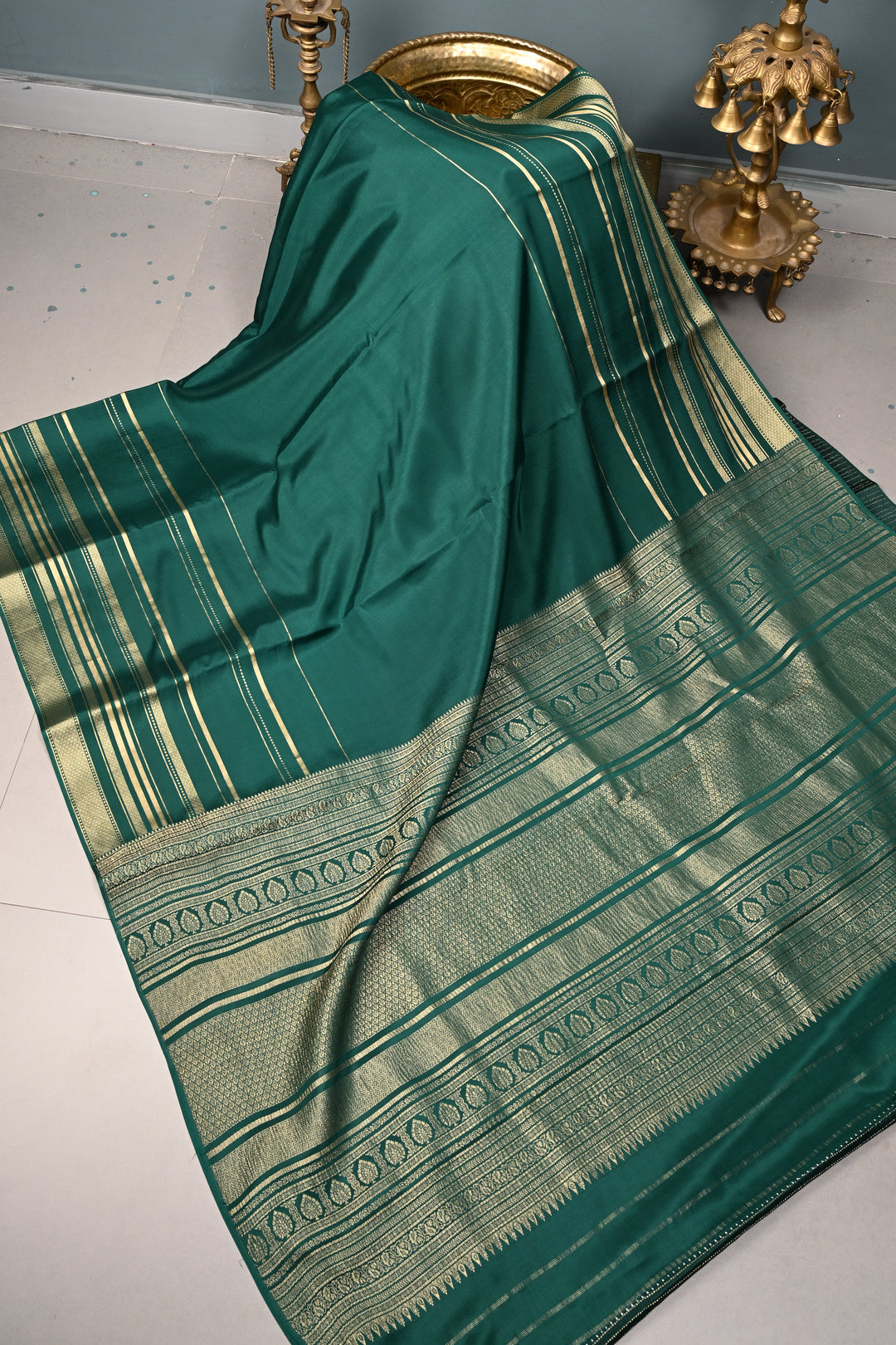 Bottle Green Mysore Silk Saree with Horizontal Stripes Zari Border | SILK MARK CERTIFIED | SHOBITAM