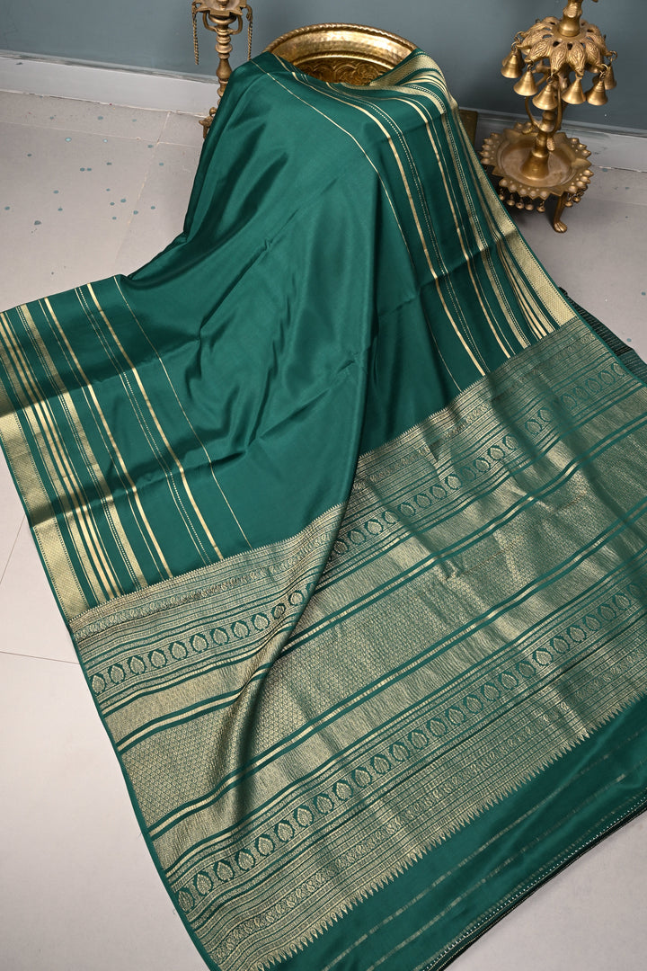 Bottle Green Mysore Silk Saree with Horizontal Stripes Zari Border | SILK MARK CERTIFIED | SHOBITAM