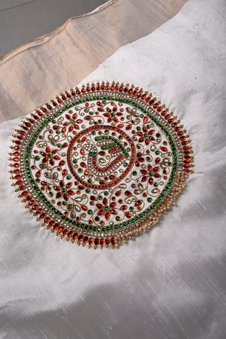 White Pure Raw Silk Saree with Kemp Handwork Mandala Design and Tissue Zari Border | SILK MARK CERTIFIED