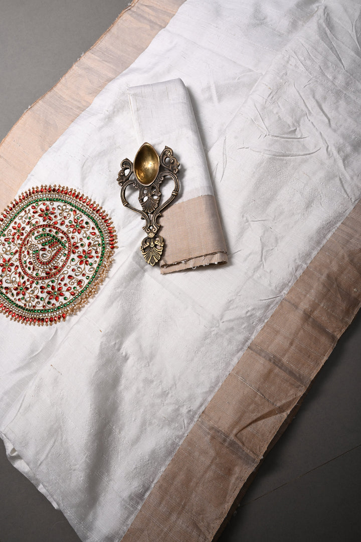 White Pure Raw Silk Saree with Kemp Handwork Mandala Design and Tissue Zari Border | SILK MARK CERTIFIED