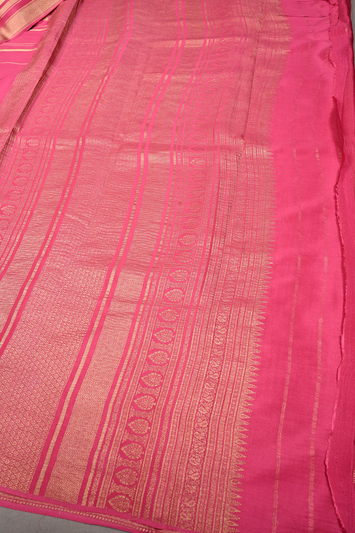 Rani Pink Mysore Silk Saree with Wide Stripes Zari Border | SILK MARK CERTIFIED | SHOBITAM