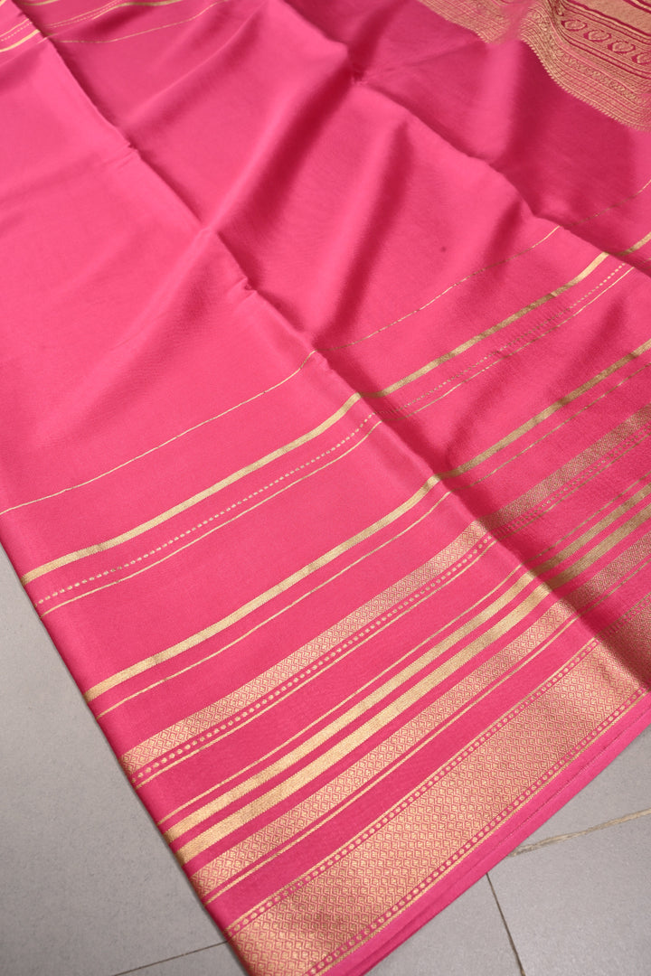 Rani Pink Mysore Silk Saree with Wide Stripes Zari Border | SILK MARK CERTIFIED | SHOBITAM