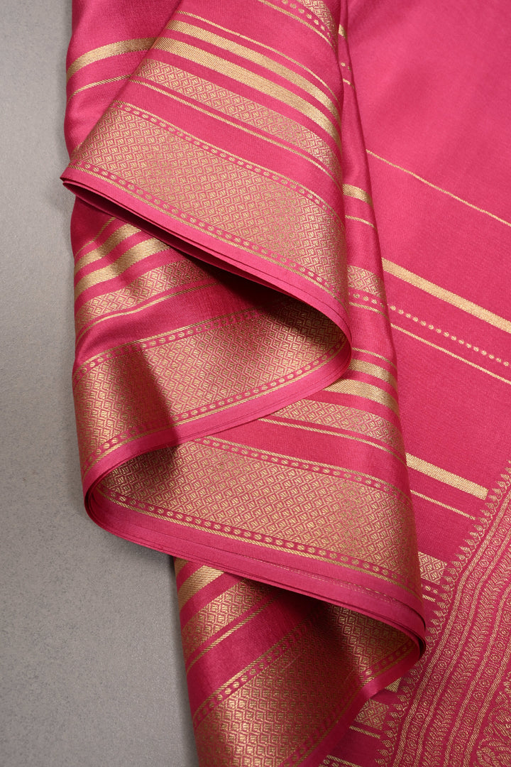 Rani Pink Mysore Silk Saree with Wide Stripes Zari Border | SILK MARK CERTIFIED | SHOBITAM