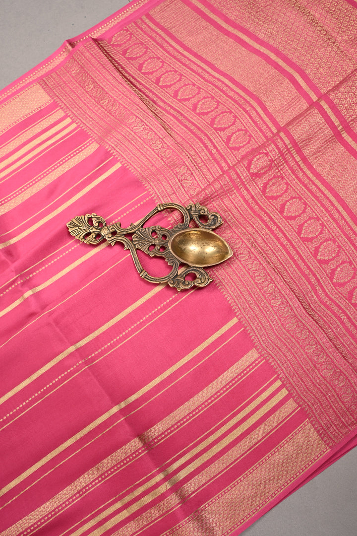 Rani Pink Mysore Silk Saree with Wide Stripes Zari Border | SILK MARK CERTIFIED | SHOBITAM