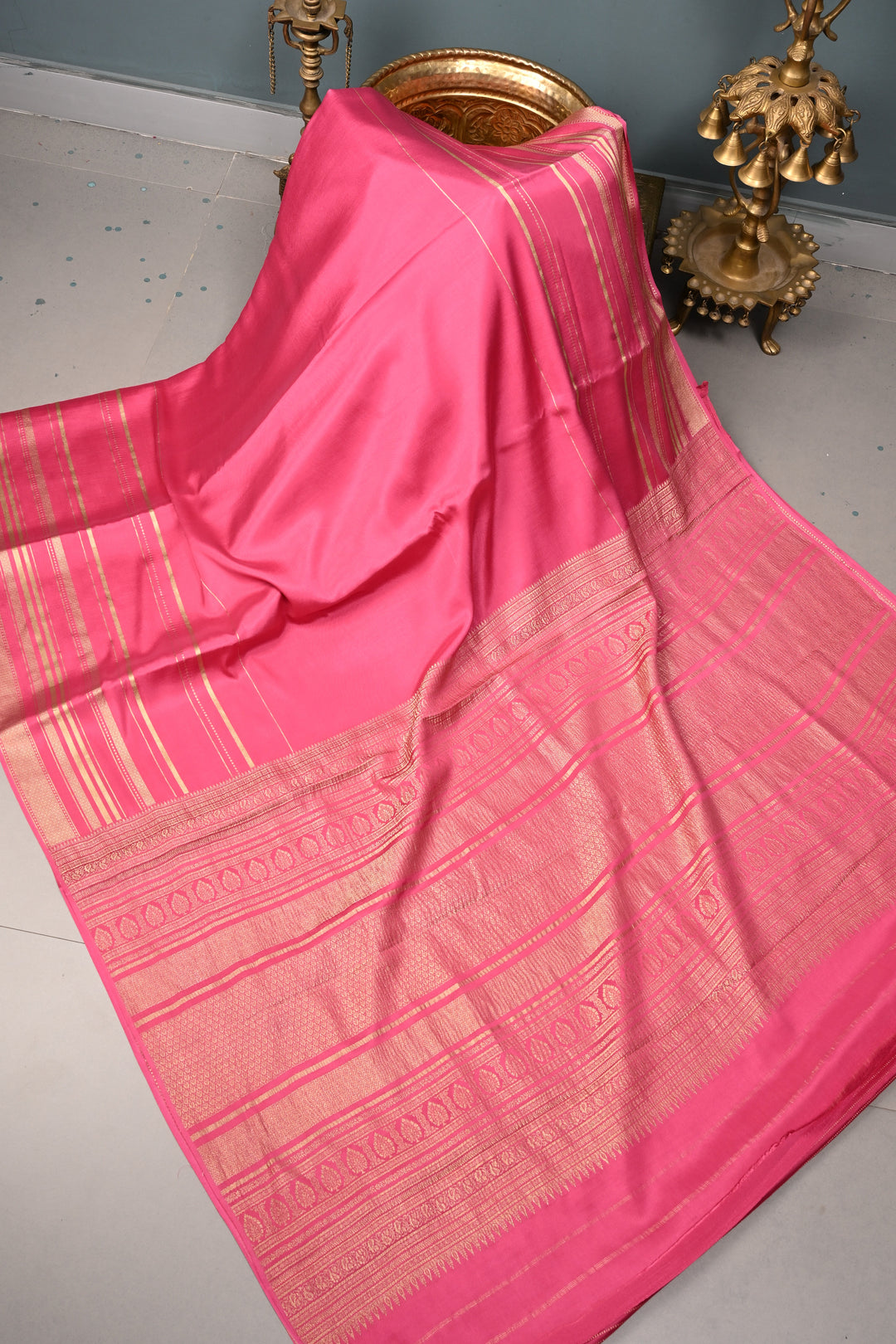Rani Pink Mysore Silk Saree with Wide Stripes Zari Border | SILK MARK CERTIFIED | SHOBITAM
