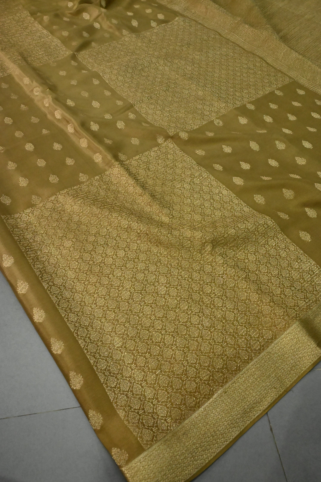 Camel Brown Mysore Silk Saree with Brocade-Zari Buttas Grid Design and Minimal Zari Border | SILK MARK CERTIFIED | SHOBITAM