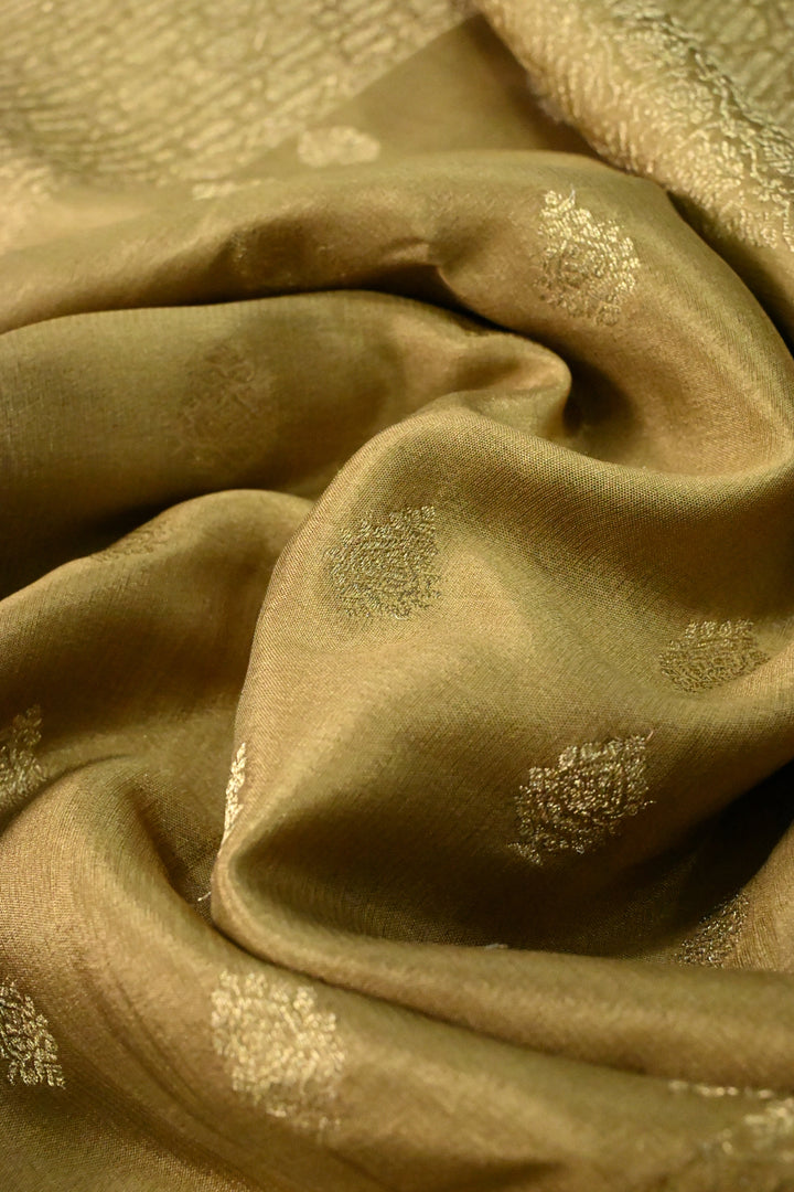 Camel Brown Mysore Silk Saree with Brocade-Zari Buttas Grid Design and Minimal Zari Border | SILK MARK CERTIFIED | SHOBITAM