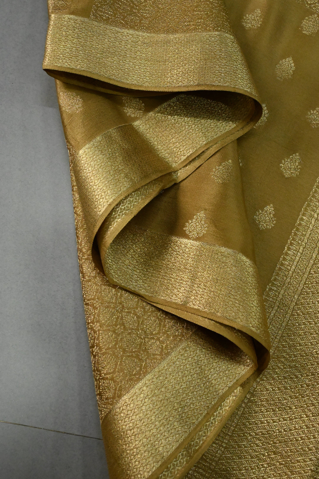 Camel Brown Mysore Silk Saree with Brocade-Zari Buttas Grid Design and Minimal Zari Border | SILK MARK CERTIFIED | SHOBITAM