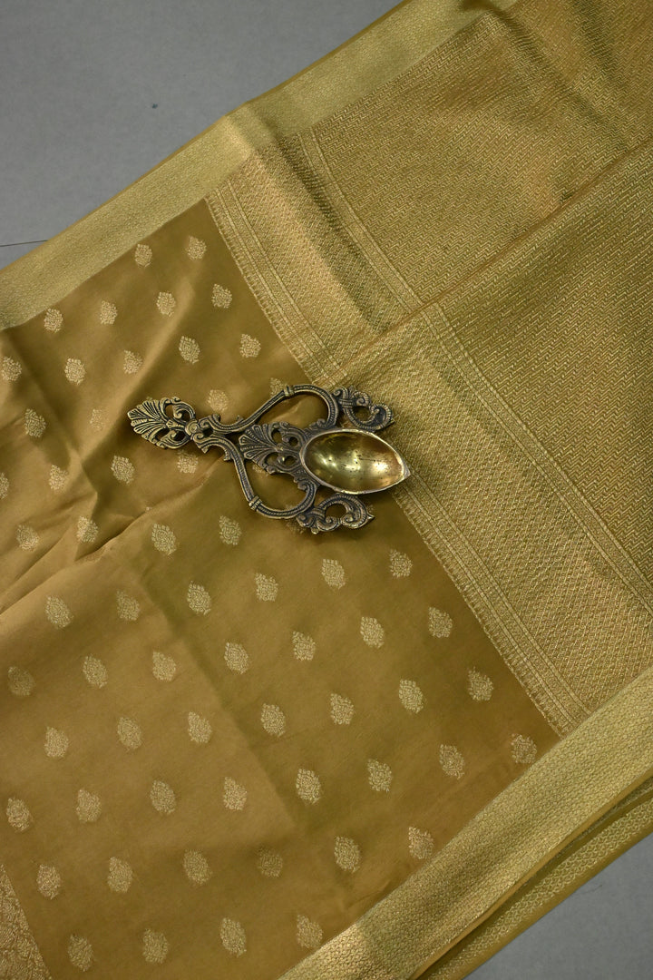 Camel Brown Mysore Silk Saree with Brocade-Zari Buttas Grid Design and Minimal Zari Border | SILK MARK CERTIFIED | SHOBITAM