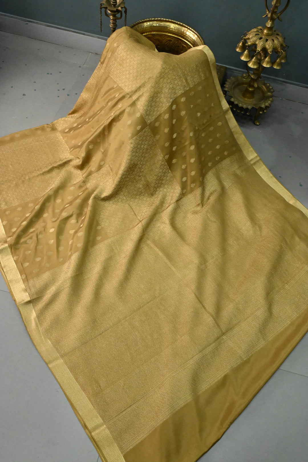 Camel Brown Mysore Silk Saree with Brocade-Zari Buttas Grid Design and Minimal Zari Border | SILK MARK CERTIFIED | SHOBITAM