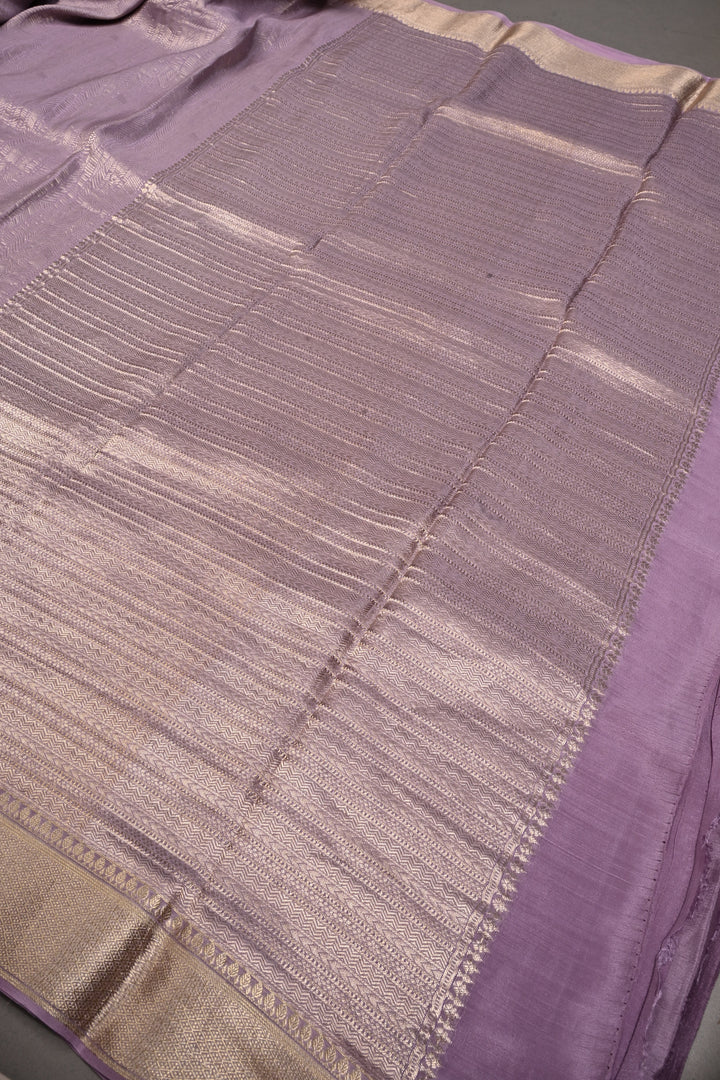 Lilac Mysore Crepe Silk Saree with Intricate Geometric Zari Brocade and Zari Border | SILK MARK CERTIFIED | SHOBITAM