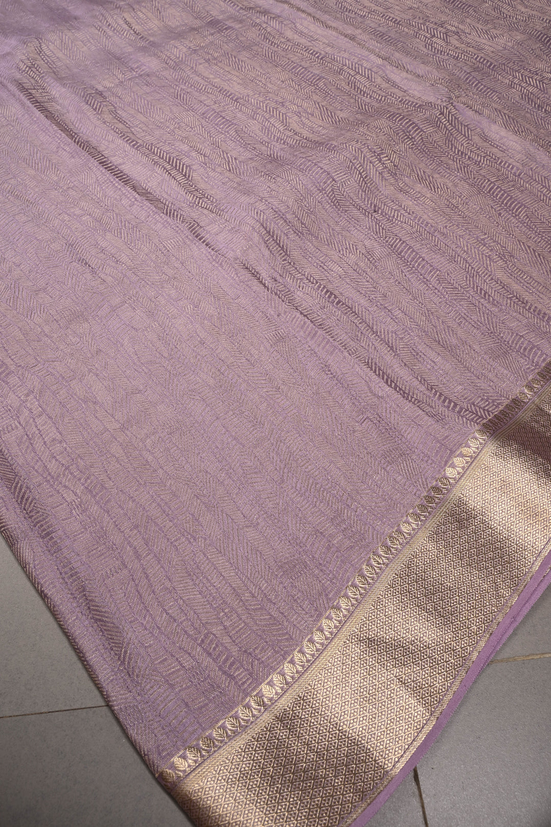 Lilac Mysore Crepe Silk Saree with Intricate Geometric Zari Brocade and Zari Border | SILK MARK CERTIFIED | SHOBITAM