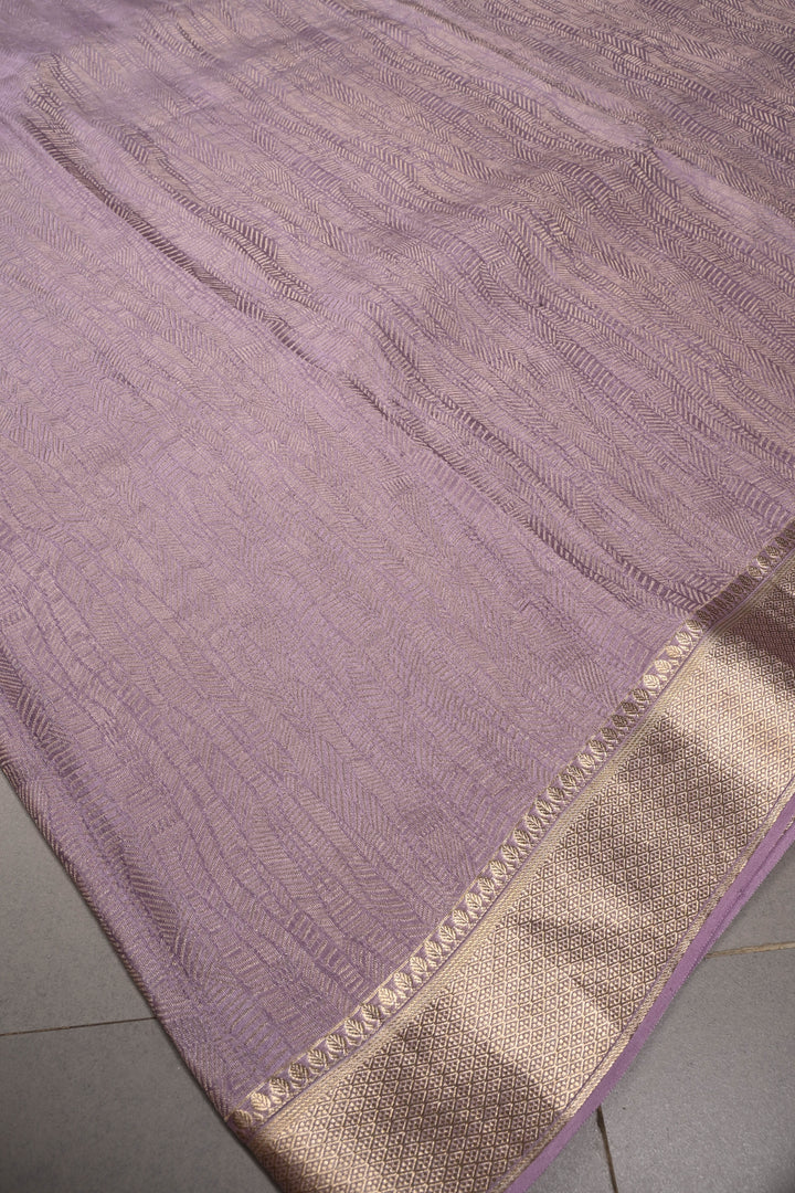 Lilac Mysore Crepe Silk Saree with Intricate Geometric Zari Brocade and Zari Border | SILK MARK CERTIFIED | SHOBITAM