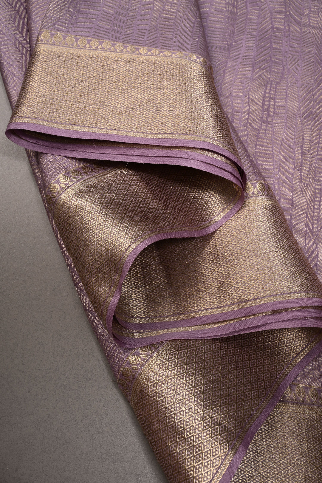 Lilac Mysore Crepe Silk Saree with Intricate Geometric Zari Brocade and Zari Border | SILK MARK CERTIFIED | SHOBITAM
