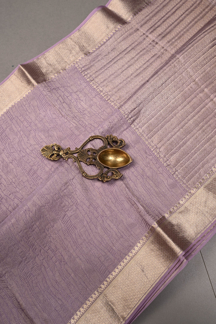 Lilac Mysore Crepe Silk Saree with Intricate Geometric Zari Brocade and Zari Border | SILK MARK CERTIFIED | SHOBITAM