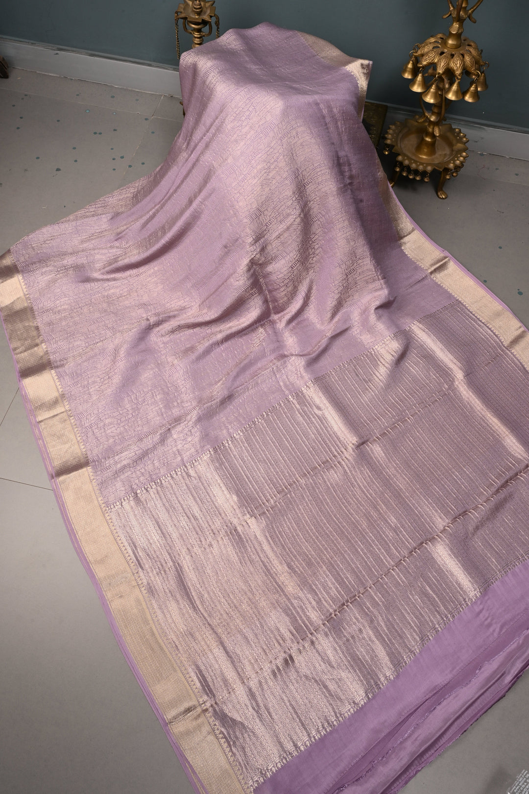 Lilac Mysore Crepe Silk Saree with Intricate Geometric Zari Brocade and Zari Border | SILK MARK CERTIFIED | SHOBITAM