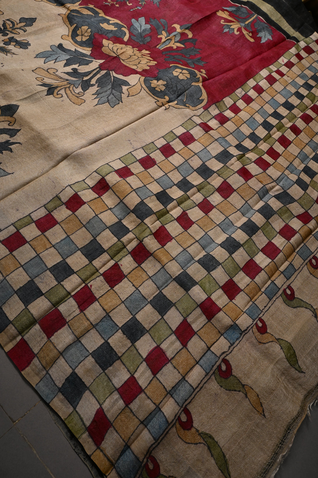 Floral Theme : Authentic Pen Kalamkari Handpainted on Pure Tussar Silk Saree with Borders | SILK MARK CERTIFIED | SHOBITAM