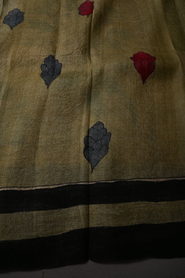 Floral Theme : Authentic Pen Kalamkari Handpainted on Pure Tussar Silk Saree with Borders | SILK MARK CERTIFIED | SHOBITAM