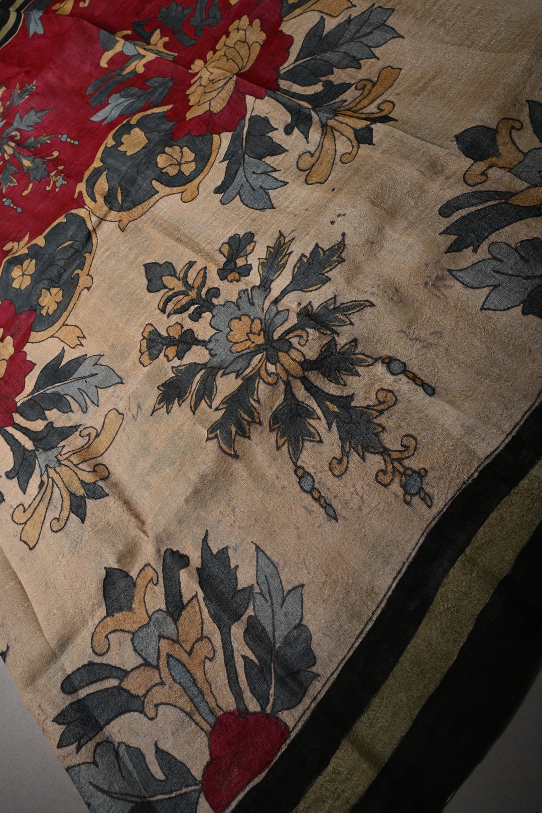 Floral Theme : Authentic Pen Kalamkari Handpainted on Pure Tussar Silk Saree with Borders | SILK MARK CERTIFIED | SHOBITAM