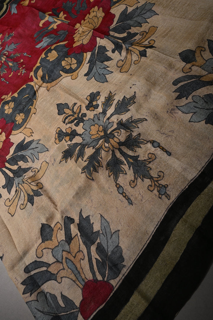 Floral Theme : Authentic Pen Kalamkari Handpainted on Pure Tussar Silk Saree with Borders | SILK MARK CERTIFIED | SHOBITAM