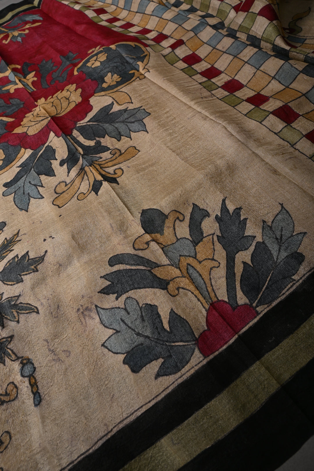 Floral Theme : Authentic Pen Kalamkari Handpainted on Pure Tussar Silk Saree with Borders | SILK MARK CERTIFIED | SHOBITAM