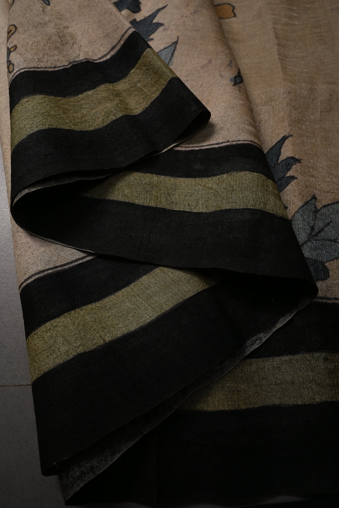 Floral Theme : Authentic Pen Kalamkari Handpainted on Pure Tussar Silk Saree with Borders | SILK MARK CERTIFIED | SHOBITAM