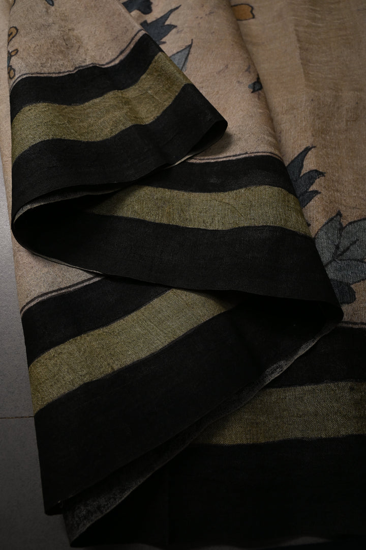 Floral Theme : Authentic Pen Kalamkari Handpainted on Pure Tussar Silk Saree with Borders | SILK MARK CERTIFIED | SHOBITAM