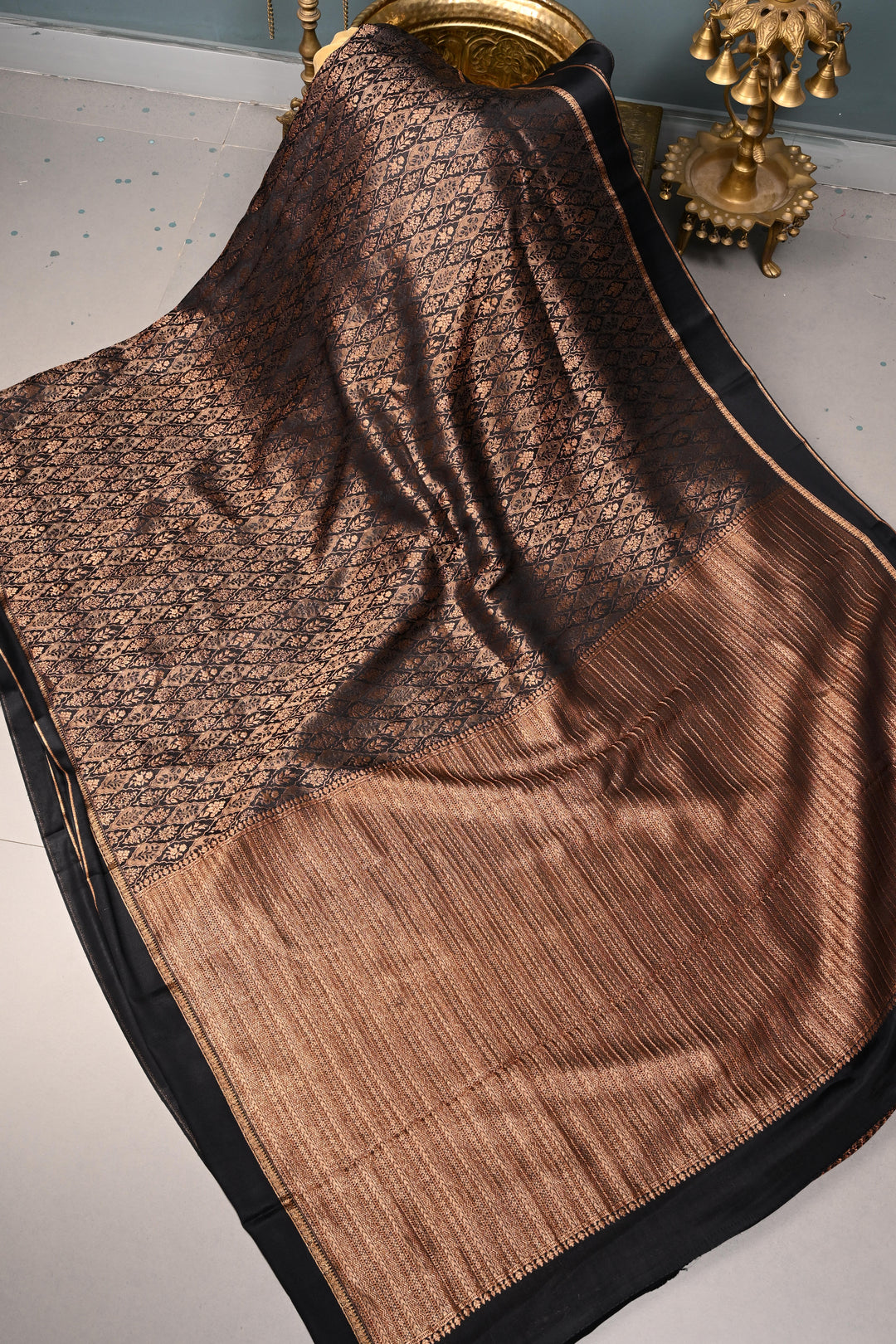 Black Mysore Silk Saree with Zari Floral Brocade and Zari Border | SILK MARK CERTIFIED | SHOBITAM